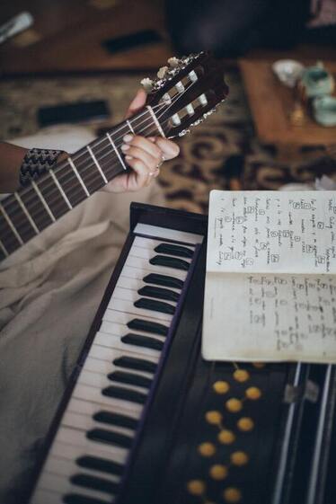 Picture of a piano, a guitar, a music chart. The lessons of this instrumentalist definitely paid off. They must have been great lessons, from a great piano instructor and guitar instructor. 
